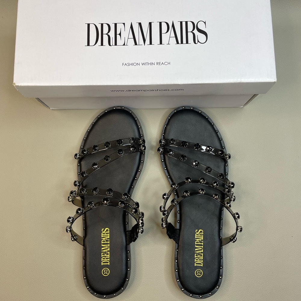 Dream Pairs Women's Clear Studded Rhinestone Slide Sandals Slip on Flat Sandals